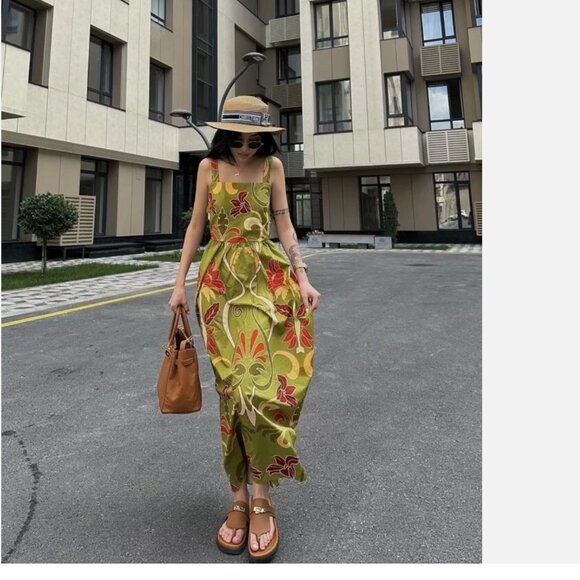 NWOT ZARA WOMAN ZW COLLECTION PRINTED MIDI DRESS GREEN | 2183/010 - Picture 4 of 12